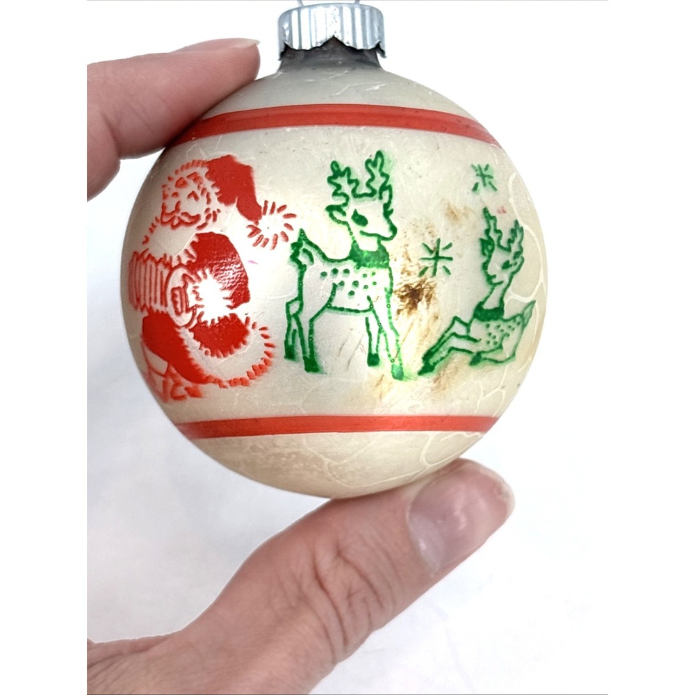 VTG Shiny Brite Stenciled Opaque Glass Santa Reindeer Ball Xmas Ornament 3''